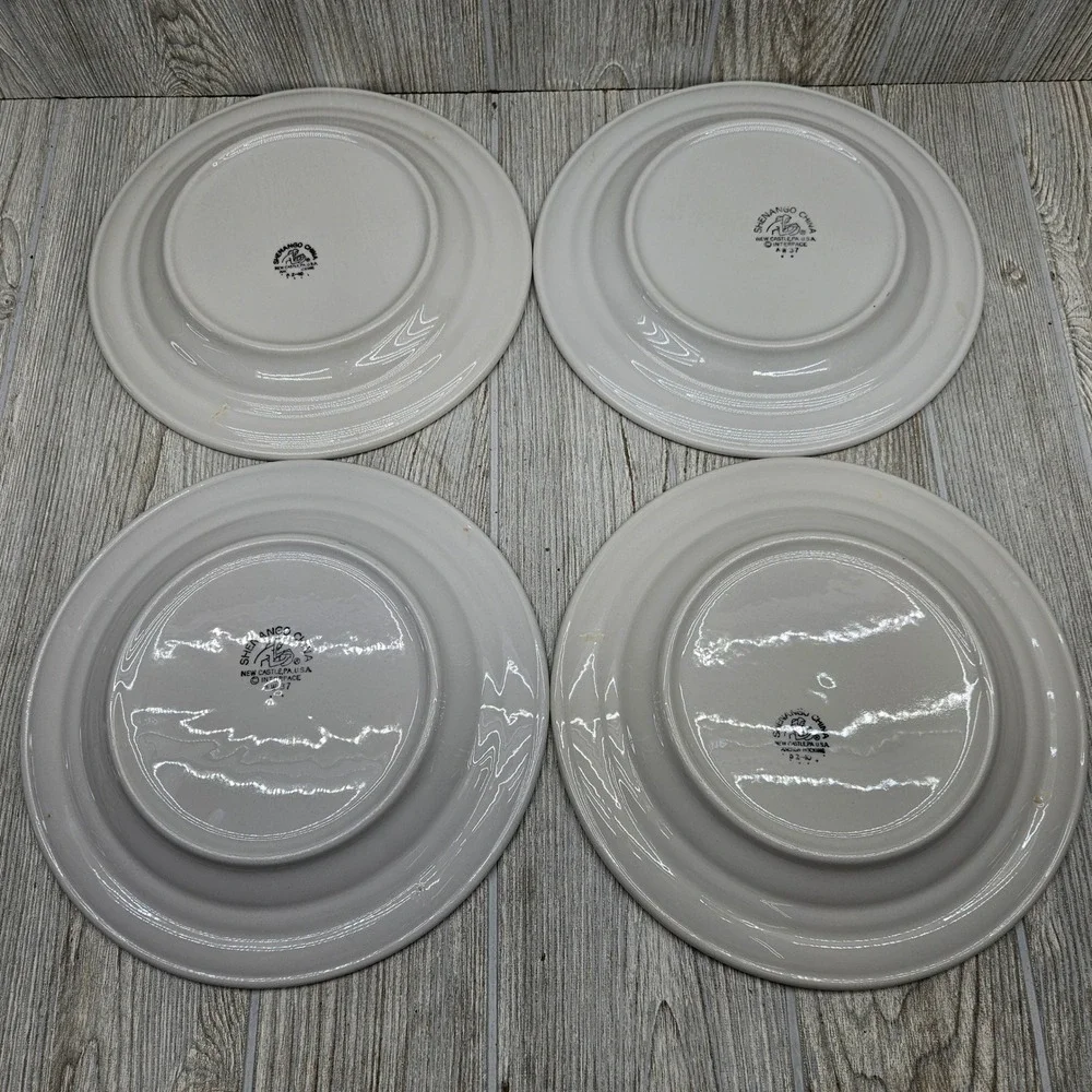 Shenango China White Cream Dinner Plates Set of 4 Embossed Circle Dot Rim